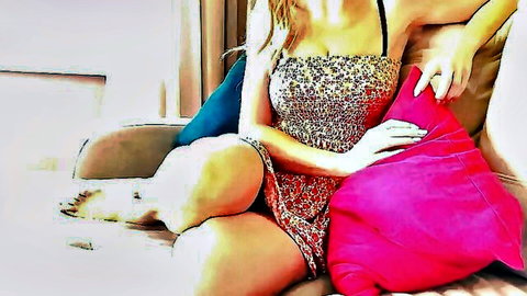 Blonde in short sparkly dress lounging seductively on couch, cheating vibe