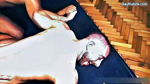 Muscular men in intense raw gay anal doggy position