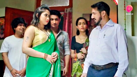 Indian MILF in green saree with young men and women in family tease scene
