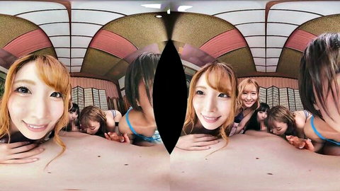 Skinny Japanese girls in bikinis smile teasingly surrounding viewer in VR gangbang