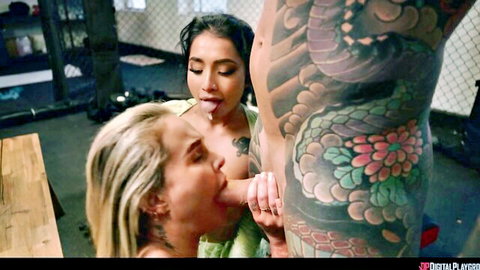 Blonde and brunette babes double team tattooed fighter's cock in Uncaged trailer