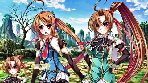 Two sexy orange-haired anime girls in tight uniforms posing together in fantasy mountain landscape