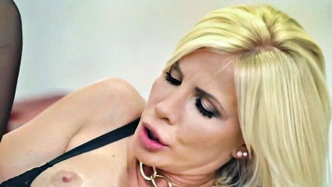 Charli Phoenix blonde MILF in stockings and choker, seductive close-up
