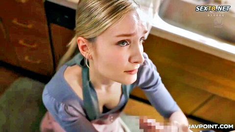Teary blonde housewife in apron with censored tits kneeling upset in kitchen POV