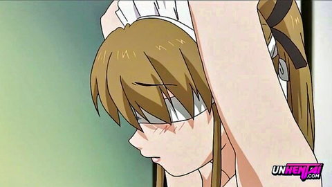 Anime maid with massive tits exposed, arms bound overhead in rope, ecstatic orgasm face hentai