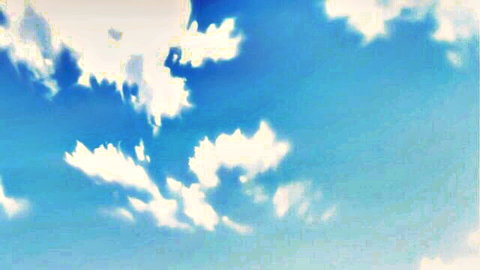 Busty hentai witch in ethereal cloudy sky from animated scene