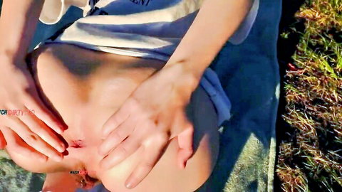 Emmi Hill close-up anal view, spreading ass outdoors