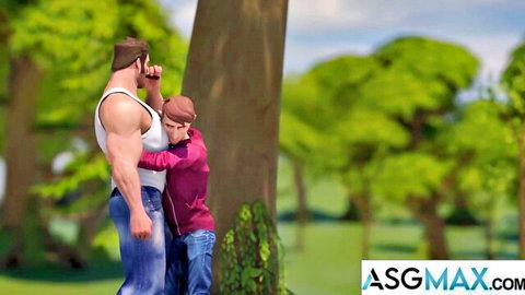 Jayden Marcos and Dakota Payne in animated muscular gay embrace outdoors