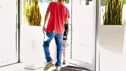 Tifa Quinn in short skirt entering door with man from behind