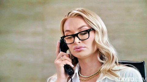 Natalia Starr as sexy blonde bosslady on phone in office blouse