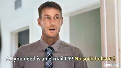 Man in suit surprised about email ID, Elisa Film scene with Aidra Fox, Emily Willis