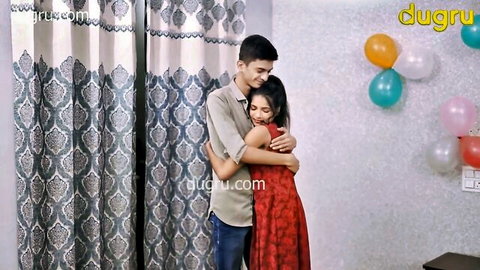 Indian petite MILF Bali Umar hugs lover intimately in red dress