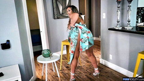 Mia James bending over in open blue dress showing ass