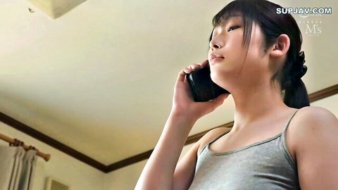 Cute Asian wife in gray tank top talking on phone, JAV style