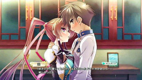 Anime girl with pink ponytails embraces boy in uniform, cleavage visible