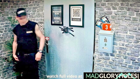 Security guard in uniform at glory hole door adult video
