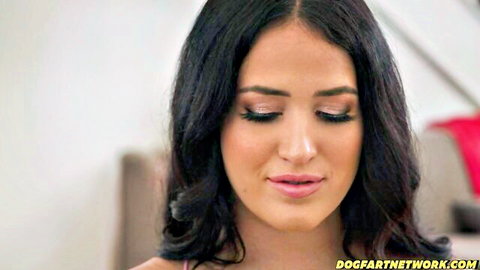 Seductive bored brunette hottie in pink top close-up, ready for BBC action