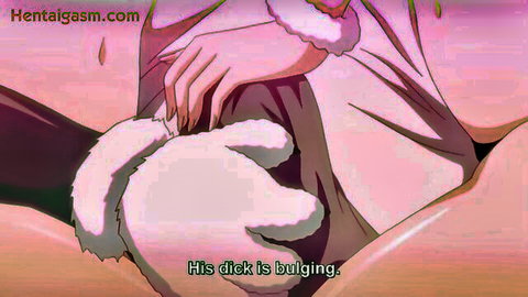 Hentai girl in fluffy white outfit squeezes his bulging cock between her thighs.
