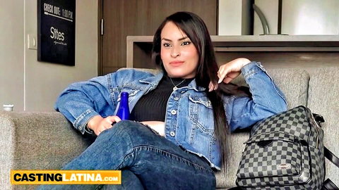 Chubby Latina Natasha Nunez in denim jacket on casting couch tease