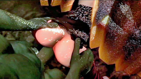 Slim Mavis' horny Halloween 3D animation, green monster groping her pale round ass