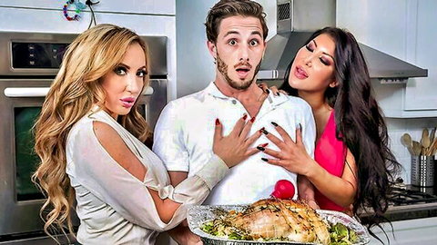 August Taylor and Richelle Ryan horny MILFs tease surprised guy in kitchen