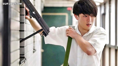 Ai Mukai JAV: Young Japanese schoolboy in white uniform, black hair, hallway blinds