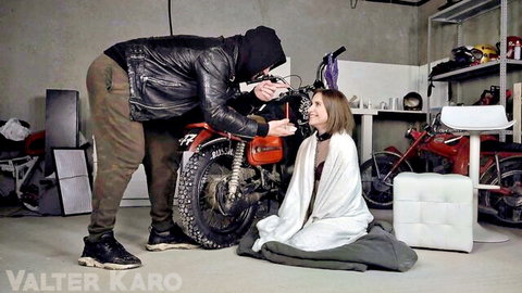 Dominant man over submissive brunette wrapped in sheet for birthday fisting fetish