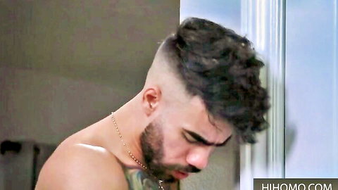 Muscular Latino Papi Suave shirtless profile, bearded hunk in bathroom