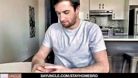 Fit bearded stepdad in gray tee during lockdown, eyeing stepson tease