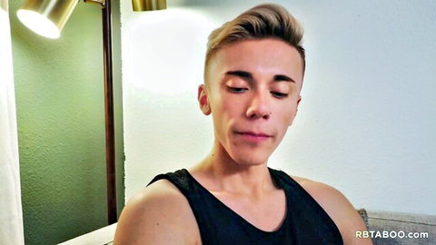 Blonde stepbrother in black tank top, seductive gaze for intense gay ass fucking