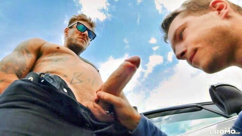 Bo Sinn exposes thick cock to Benjamin Blue in outdoor gay scene