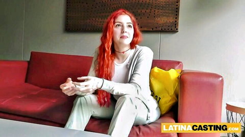 Busty redhead Latina teen in casual outfit at casting call interview