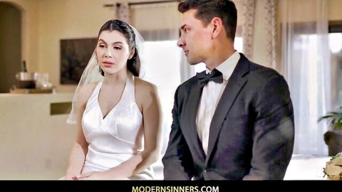Valentina Nappi as bride in white dress with Ryan Driller in tuxedo