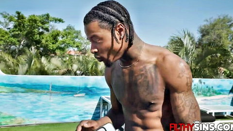 Damion Dayski shirtless muscular poolside with Eden West