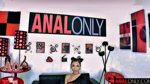 Perky ebony slut with pigtails posing in black dress for anal only