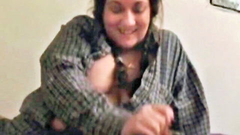 Smiling BBW in open plaid shirt teasing handjob in bedroom