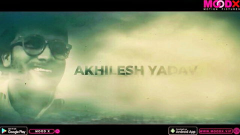 Smiling Indian man Akhilesh Yadav in sunglasses on green-tinted MODX Motion Pictures promo poster.