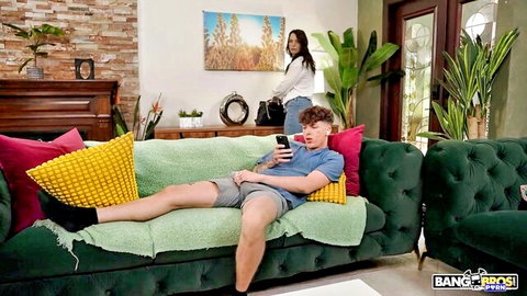 Ivy Ireland as stepmom approaches lounging stepson in taboo tease