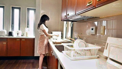 Sexy Japanese wife in short floral skirt washing dishes at kitchen sink