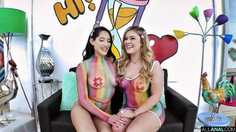 Chloe Amour and Kali Roses in colorful mesh outfits and body paint