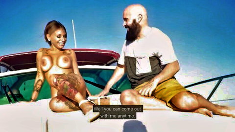 Busty MILF Gina Snake topless on boat with Max Cortes, outdoor tease