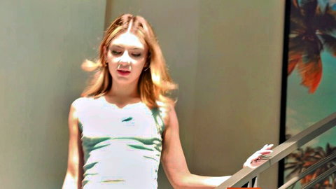 Demi Hawks in tight tank top, blonde stepdaughter tease on balcony