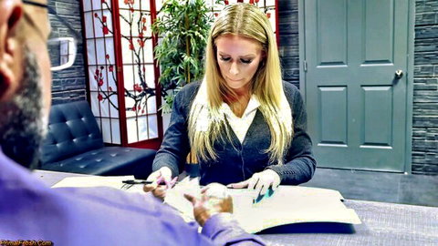 Blonde Danielle Renae in gloved office tease with suited man