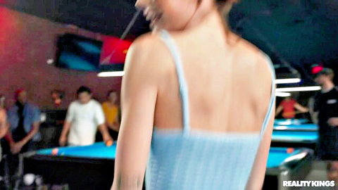 Lucy Lotus bends over pool table in sexy blue top, teasing at party with Shrooms Q
