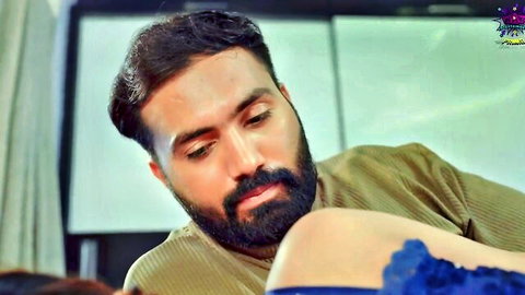 Bearded Indian man admiring big ass in blue lingerie from Affair Hindi series