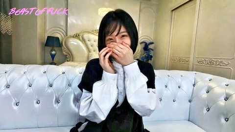 Shy Asian amateur in black white blouse covering mouth seductively
