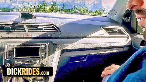 Bearded man sucking cock in car POV with dashboard and steering wheel visible