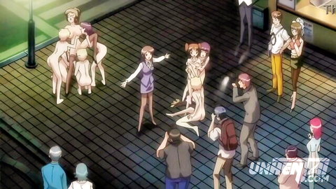 Anime hentai public street orgy with stacked nude big tits girls surrounded by photographing crowd