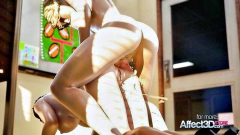 3D blonde with massive tits bent over locker spreading wet pussy and ass