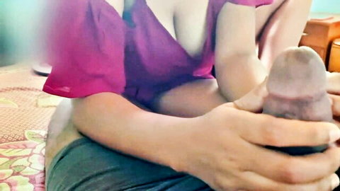 Asian amateur woman in pink top holding dildo teasingly